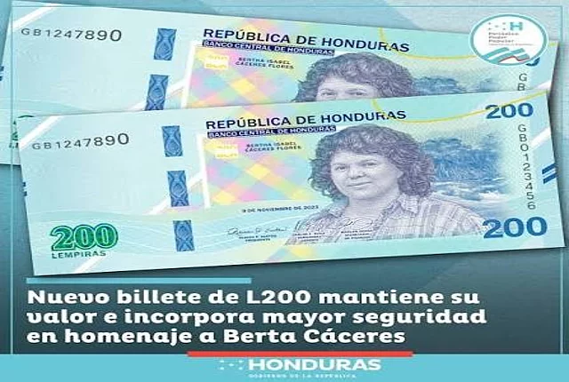 Billete de 200 lempiras con el rostro de Berta Cáceres