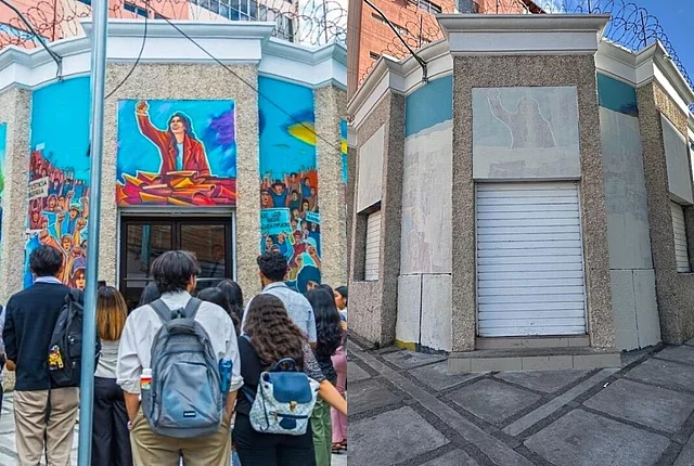 Antes y después. A la izquierda, tres murales verticales coloridos con manifestaciones populares. A la derecha, las paredes cubiertas con pintura blanca.