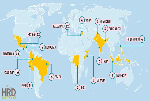 Mapa de algunos asesinatos de defensores de derechos humanos en el mundo.