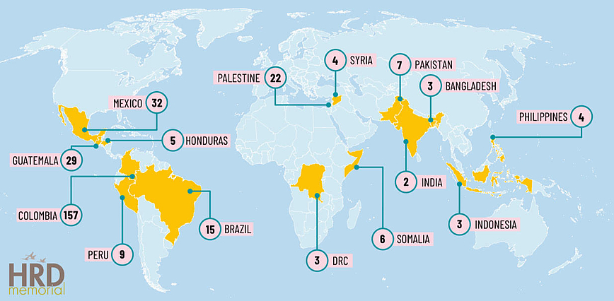 Mapa de algunos asesinatos de defensores de derechos humanos en el mundo.
