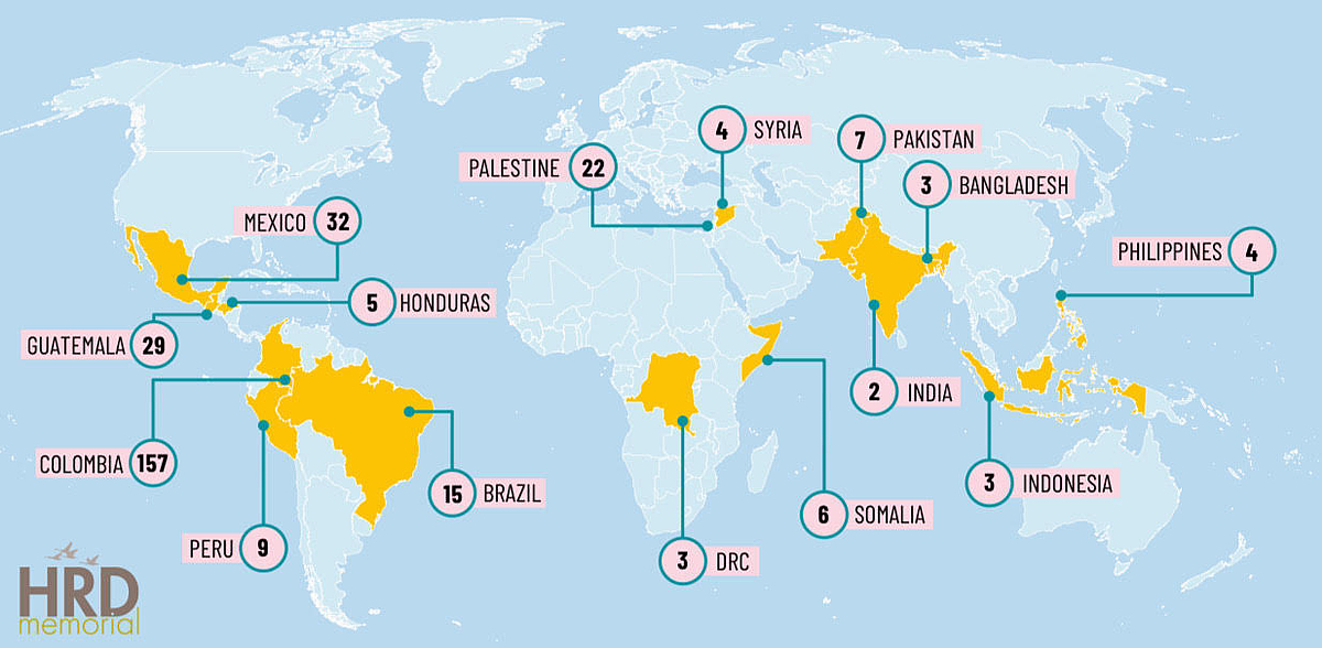 Mapa de algunos asesinatos de defensores de derechos humanos en el mundo.