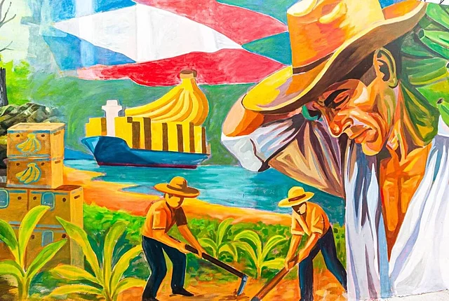 Mural sobre el cultivo y exportación de banano por obreros agrícolas 